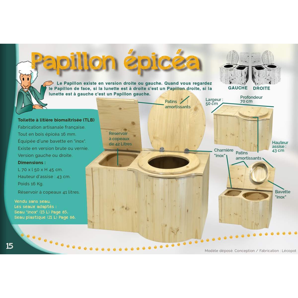  - Toilettes sèches à compost avec bac à copeaux intégré de 33L - Le Papillon - Lowreka